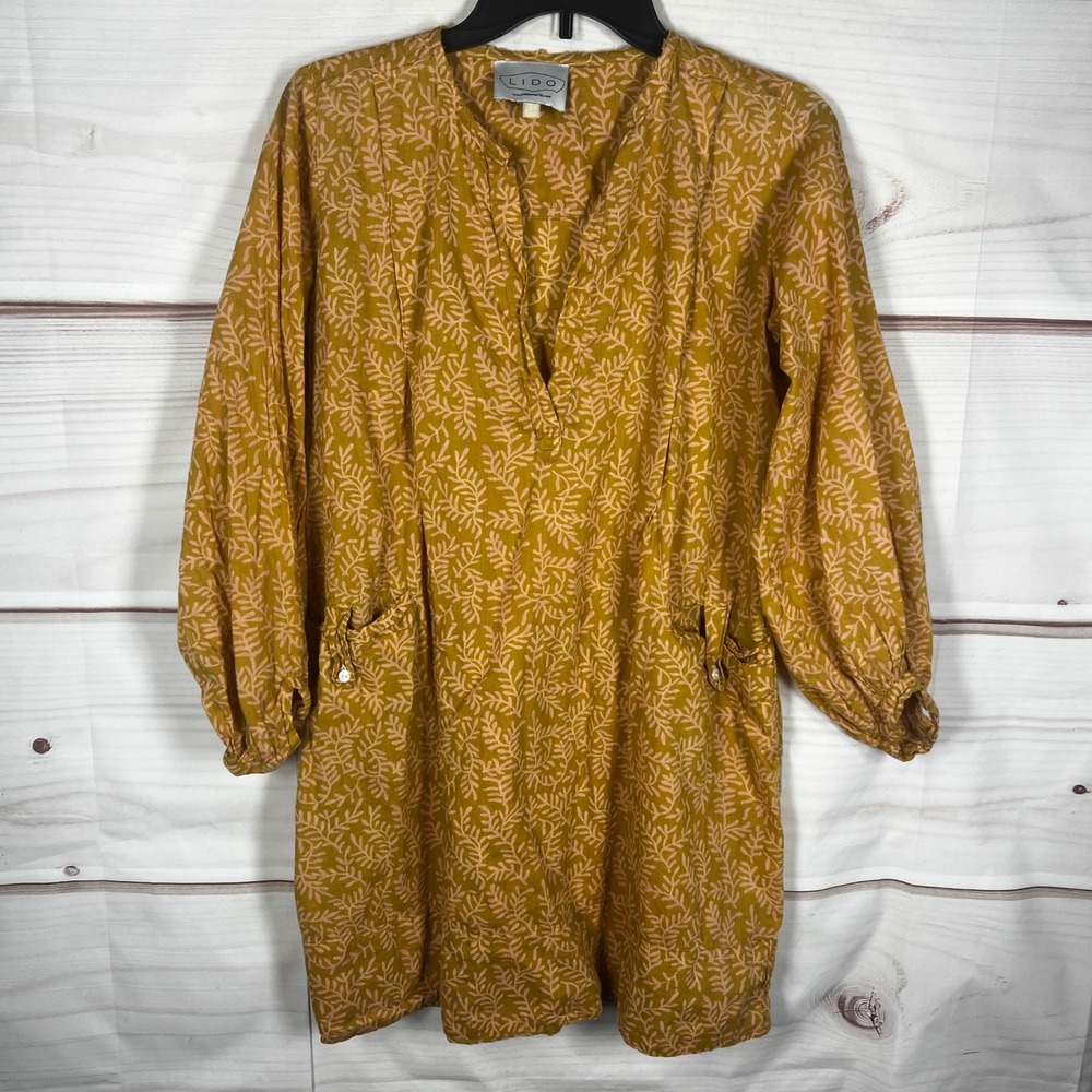LIDO Tunic Dress Womens Small Yellow Floral Cotton V-Neck Pockets Long Sleeve